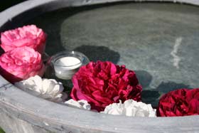 Wasserschale mit Rosenblüten